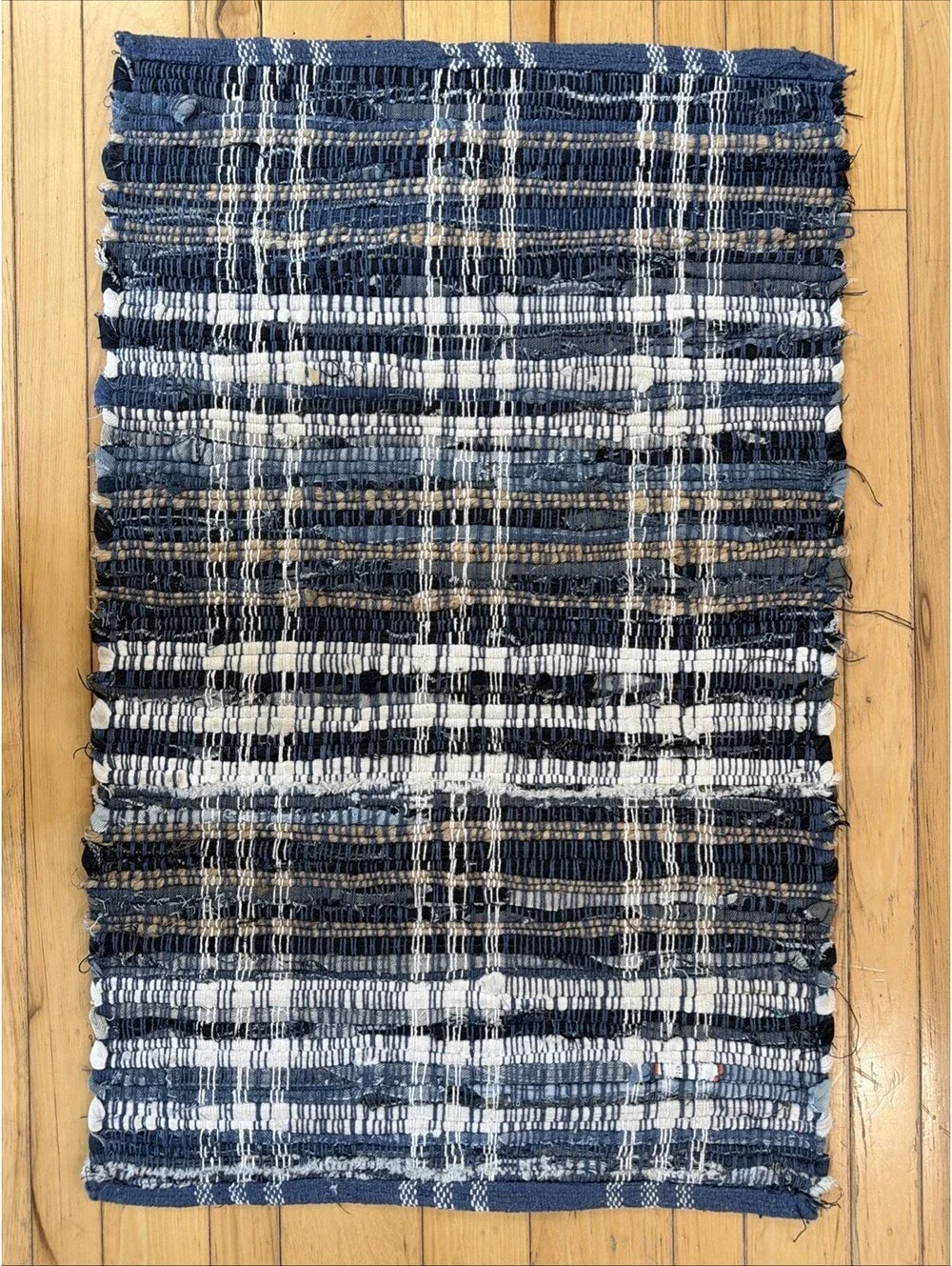 Lot Of 3 VTG Rag Rugs Blue Plaid Area Throw Rustic Farm Country Washable Cabin